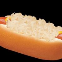 Kraut Dog · A delicious hot dog in a fresh, steamed bun topped with tangy kraut and yellow mustard.