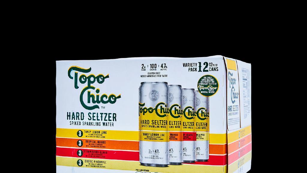 Topo Chico Hard Seltzer Variety Pack 12 pack · Topo Chico Hard Seltzer is the only spiked sparkling water beverage inspired by the legendary taste of Topo Chico Mineral Water. This Topo Chico Hard Seltzer variety pack features four approachable flavors with a unique twist: (3) Strawberry Guava, (3) Tangy Lemon Lime, (3) Exotic Pineapple, and (3) Tropical Mango hard seltzers. With 4.7% ABV, Topo Chico Hard Seltzer combines unique flavors with added minerals for a smooth taste. Try this refreshing gluten-free alcohol drink with 2g of sugar and 100 calories per can. Serve ice-cold 12-ounce cans of Topo Chico Hard Seltzer to catch up with friends at home, on the beach, or around the pool.