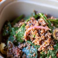 Quinoa & Kale Salad · Red Quinoa, Baby Kale, Artichokes, Olives, Roasted Peppers, Pickled Onions, Hemp Seeds, Flax...