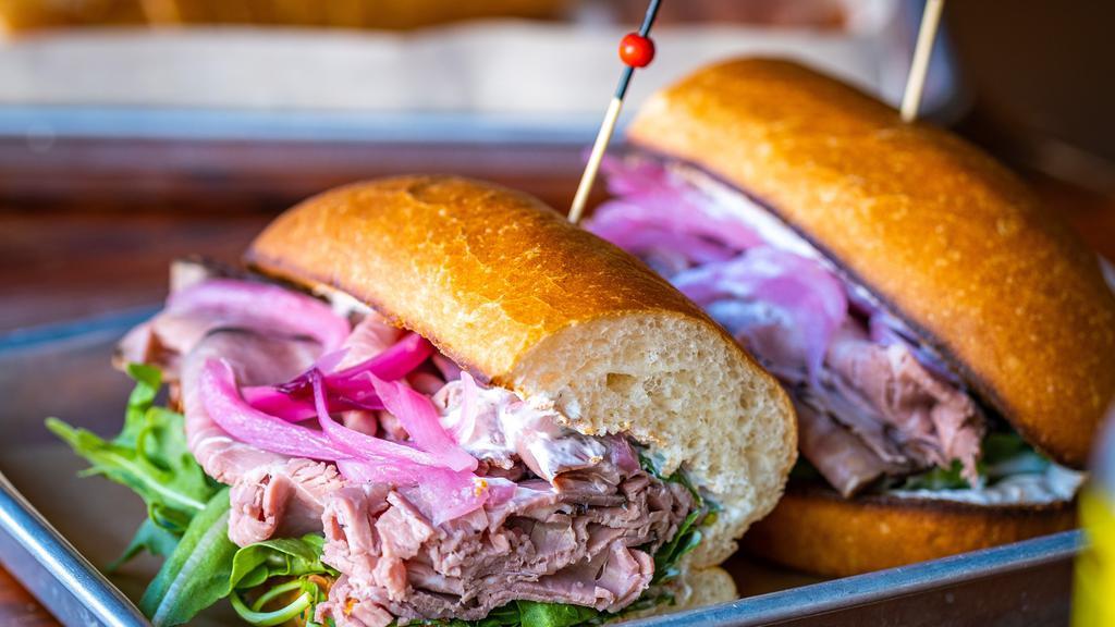 The Southside · Roast Beef, Wild Arugula, Pickled Red Onions, Horseradish Spread, and Acme Sub Roll.