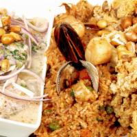 Trilogia de Mariscos · A perfect mix of chicharron de calamar (deep fried calamari and baby optopus), arroz con mar...