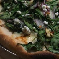 Popeye · Roasted spinach, red onion, mozzarella, finished with goat cheese, balsamic, black pepper, a...