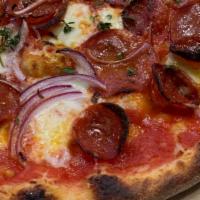 Bear Pie · TWO TYPES OF PEPPERONI (our local Zoe's classic mixed with Ezzo cupping East Coast style), m...