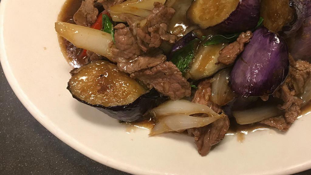 Eggplant · Choice of meat sautéed with eggplant, Thai basil, and bell pepper seasoned with house sauce.