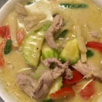 Green Curry · Spicy   Choice of meat cooked with bell pepper, shredded bamboo, green bean, zucchini, and T...