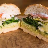Karl's Hoagie · avocado spread w/lime, spinach, lettuce, tomato, pickled onions, capers, cucumbers and herb ...
