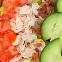 B.L.T.T. Salad · turkey, bacon bits, romaine iceberg, tomato, cucumbers, croutons and Italian dressing