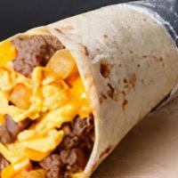 38. Steak & Egg Burrito · Warm flour tortilla and golden hashbrown, cage-free egg, Philly beef steak, chipotle sauce, ...