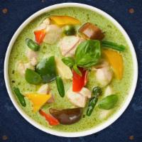 Green Scene Curry Bowl · Green curry paste, coconut milk, eggplant, bell peppers, onions, basil and your choice of pr...