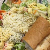 Pasta Salad · Fusilli noodles, cheese tortellini, bell peppers, cucumbers, and artichoke hearts in a light...