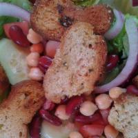 Danville Garden Salad · Fresh lettuce with red onions, tomatoes, cucumbers, kidney beans, garbanzo beans, garlic cro...