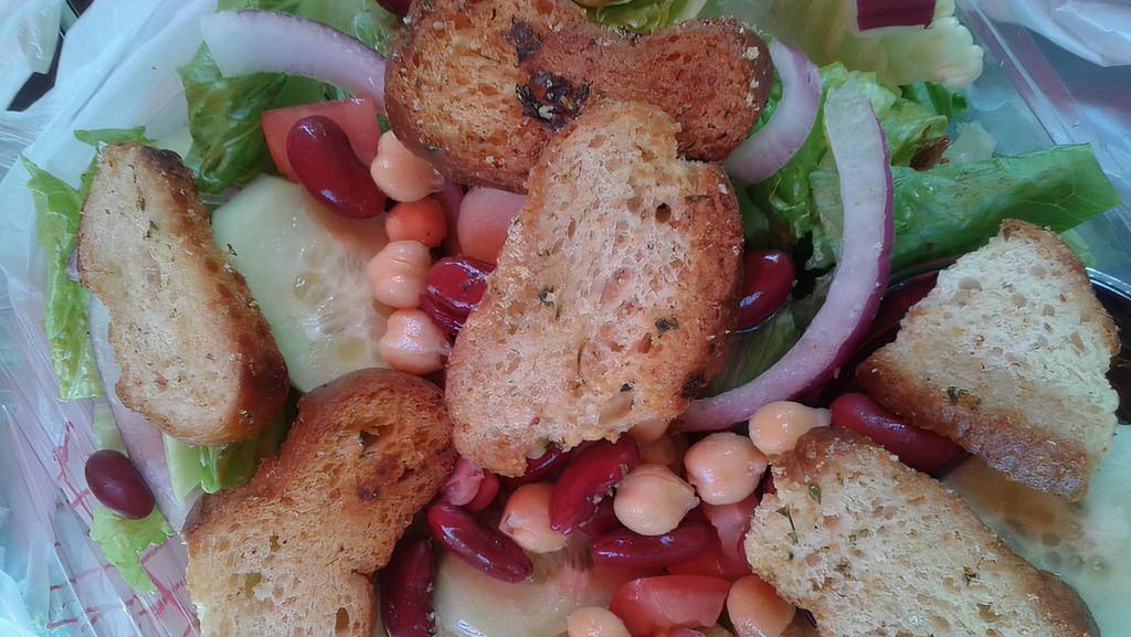 Danville Garden Salad · Fresh lettuce with red onions, tomatoes, cucumbers, kidney beans, garbanzo beans, garlic croutons and choice of dressing.