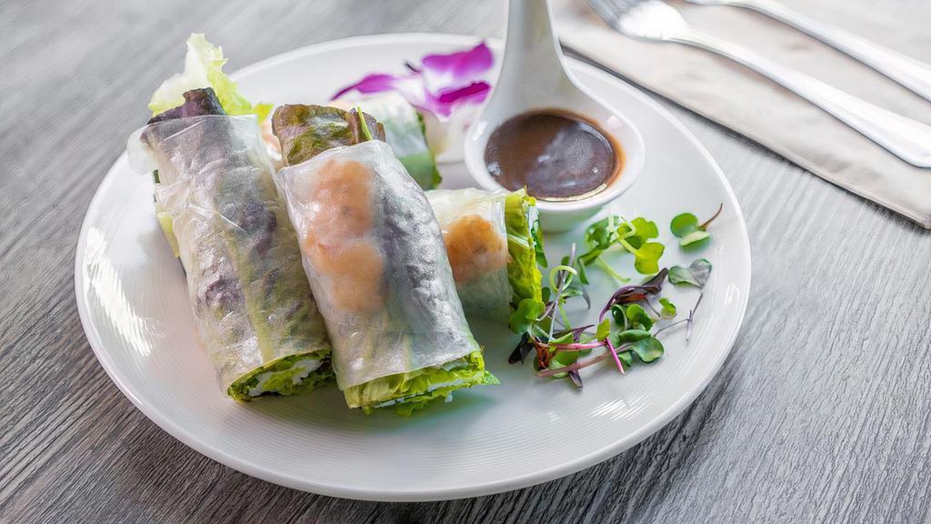 Fresh Spring Rolls · Rice paper Wrapped, Red Leaf Lettuce, Vermicelli, Crispy Shallot, Mint, Pickled Daikon & Carrot, Served with Homemade Hoisin Sauce
Choice of Shrimp or Organic Soy Tofu