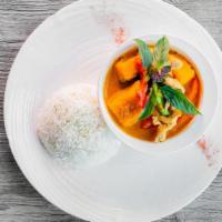 PUMPKIN CURRY  · Steamed Kabocha Pumpkin, Thai Style Red Curry, Bell Pepper, Basil and Choice of Chicken or T...