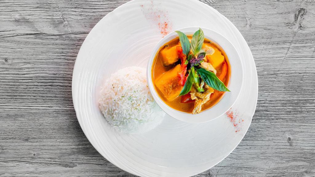 PUMPKIN CURRY  · Steamed Kabocha Pumpkin, Thai Style Red Curry, Bell Pepper, Basil and Choice of Chicken or Tofu Served with Steamed Jasmine Rice