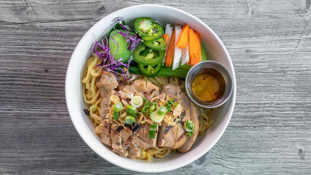 FIVE SPICE CHICKEN  · Skin on Boneless Thigh meat Marinated in Asia’s 5-spices, Pickled vegetables, Noodle Served with Steamed Jasmine Rice or Garlic Noodle