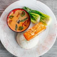 SALMON CURRY BOWL  · Grilled Salmon Steak, Served with Thai Red Curry, Cherry Tomato, Bell Pepper, Jalapenos, Bas...