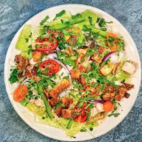 Wolverine Salad · Crisp romaine, tomato, red onion, green pepper, parmesan, cilantro, chicken, bacon, housemad...