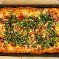 Fun Guy Forno' · Tomato sauce, mozzarella, brick cheese, sautéed mushrooms / slow-roasted garlic / basil afte...