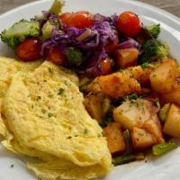 2). Scrambled Eggs · Sautéed veggies, house potato, & toast.
