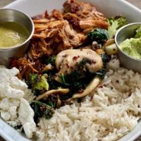 Warm Bowl · Basmati rice, sautéed, kale, mushrooms, broccoli & quinoa with protein, guacamole, cheese to...