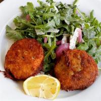 Crab Cakes · Served with arugula salad with jalapeño mayo on the side.