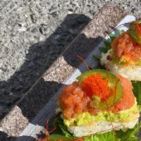 Spicy Tuna Crispy Rice (4 Pieces) · Spicy tuna and avocado topped with jalapeños over seared rice.