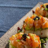 Wasabi Salmon Avocado Crispy Sushi (4 Pieces) · Salmon and avocado topped with tobiko over seared rice.