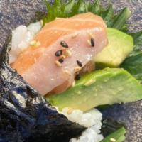 Salmon Avocado Hand Roll · salmon with avocado and shiso