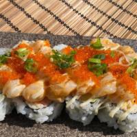 Bay Scallop Roll · Imitation Crab with Avocado topped with Bay Scallops and Tobiko baked over Unagi and Spicy M...