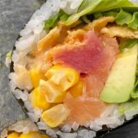Sushi Burrito · Salmon, Tuna, Avocado, Lettuce, Corn, Wonton Chips