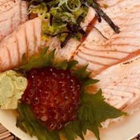 Salmon Ikura Don · Torched Salmon, marinated in ponzu sauce with ikura, green onions and shredded nori