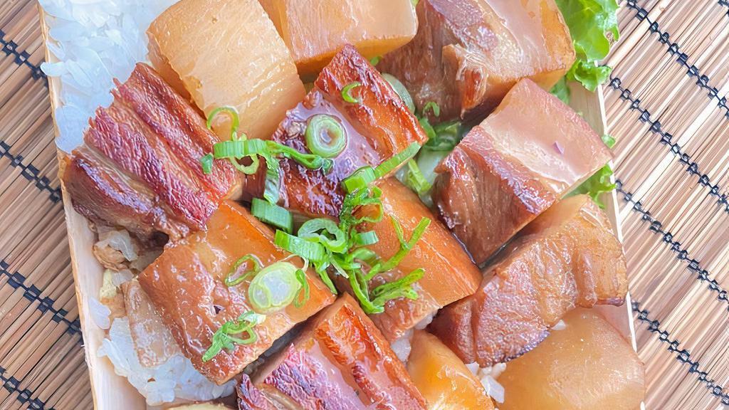 Braised Pork Kakuni (pork belly) · braised pork belly in a sweet and savory sauce served with daikons