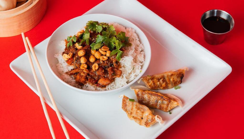Bowl And 3 Potstickers  · A choice of Teriyaki Chicken, Spicy Kung Pao Chicken, or Orange Chicken bowl, and 3 Ginger Chicken or Green Vegetable potstickers.