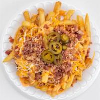 Lab Fries · French Fries with cheese, bacon bits, garlic, and jalapeno