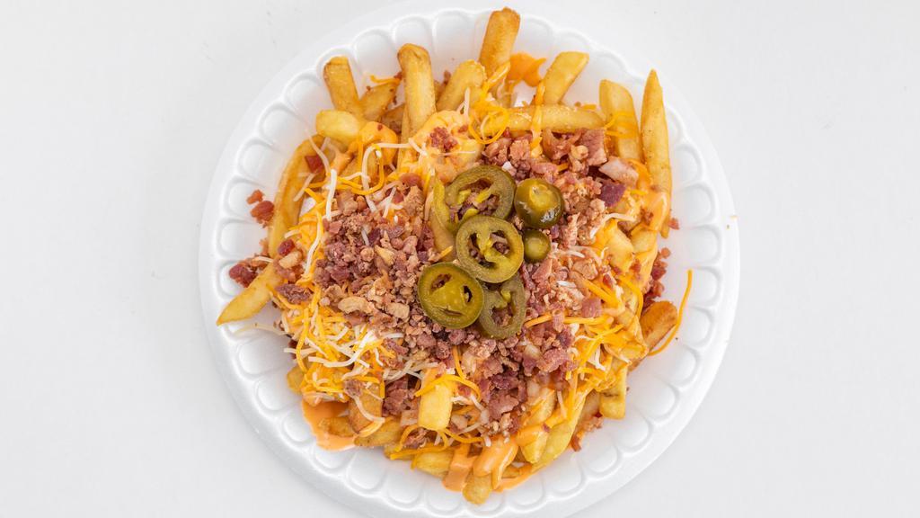 Lab Fries · French Fries with cheese, bacon bits, garlic, and jalapeno