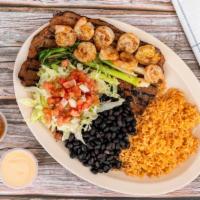 Carne Asada & Prawns Platter · Served with rice, beans, and salad & corn tortillas