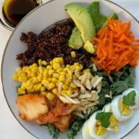 Tangun Salad · Quinoa, kale, kimchi, egg, almonds, avocado, corn and dressing with olive oil, soy sauce, gi...