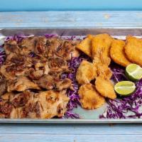 Mini Seafood Combo Pack (Serve 3-4) · 6 pcs BBQ chicken, 4 pcs fried fish, 6 pcs fried shrimp, 4 scoops white rice, and 4 scoops m...