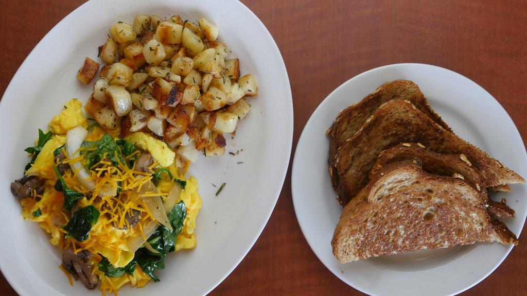 Surfers Delight · Vegetarian. Scrambled Eggs with Spinach, Onion, Mushroom and Cheddar Cheese