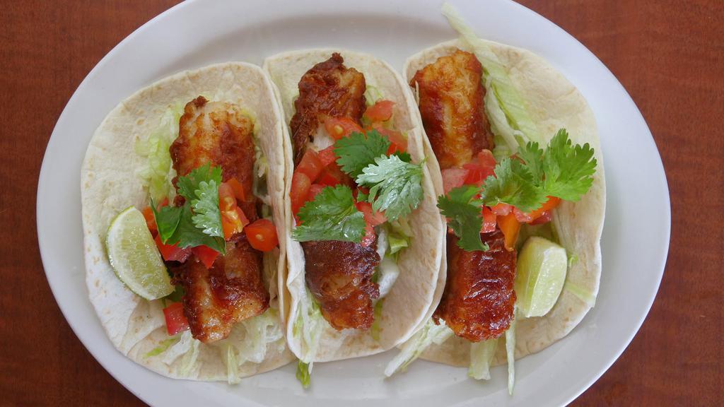Fish Tacos · Grilled or Fried Seasonal Fish, Served with Lettuce & Salsa on Flour Tortilla.