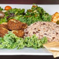 Greek Platter · Falafel with lentil rice, hummus, tabbouleh, cucumber salad, greek salad, dolma, and pita br...