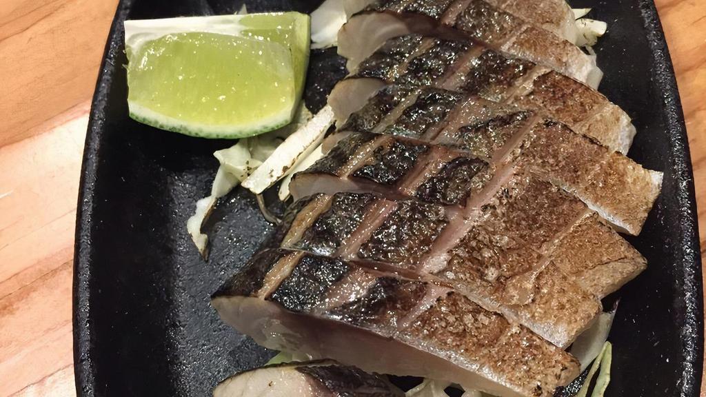 Aburi Saba · One whole piece of cured mackerel fillet seared.