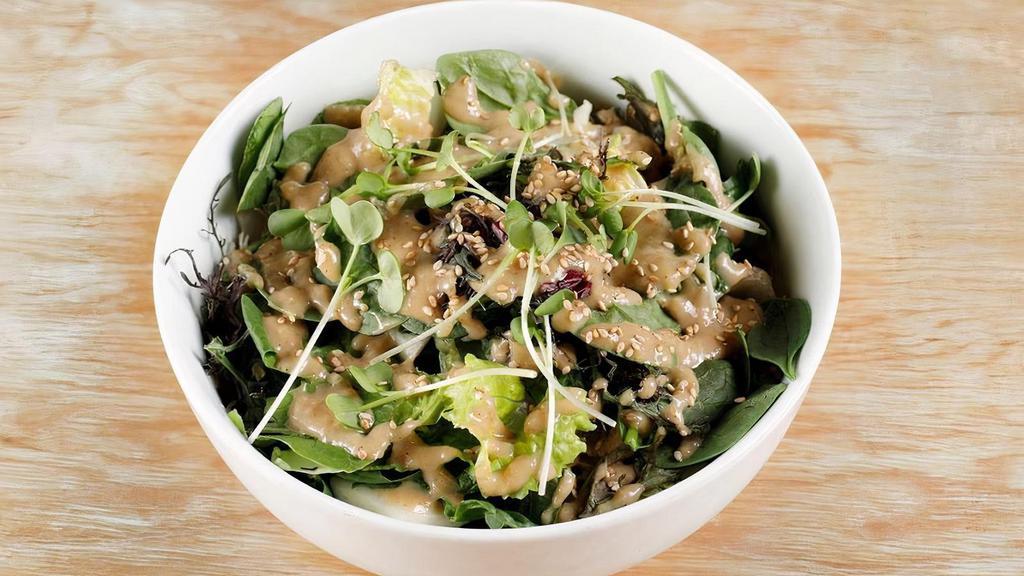 Spinach Salad · Spinach, cabbage, daikon sprouts, sesame miso dressing.