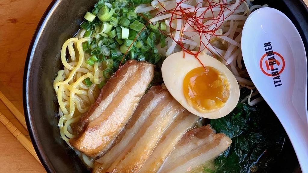 Miso Pork Ramen · Chashu pork belly, spinach, bean sprouts, green onions and half an egg. Rich miso pork broth contains fish stock..