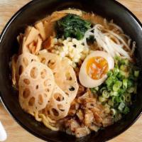 Veggie Ramen · Stewed fennel, bean sprouts, fresh corn, lotus root, spinach, green onion and half an egg. R...