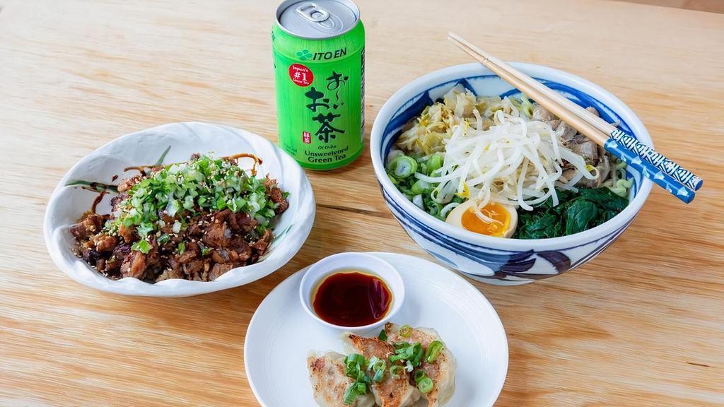 Recovery Meal · Includes your choice of a ramen bowl, 3 pieces veggie or pork gyoza, negi chashu mini donburi or small salad, and a non-alcoholic drink.