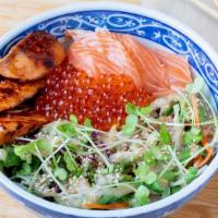 Salmon 3 Way Donburi · Salmon 3 ways, grilled, sashimi + roe over rice, salad with sesame miso dressing.