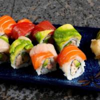Rainbow Roll · California Roll topped with salmon, tuna, yellowtail and avocado.