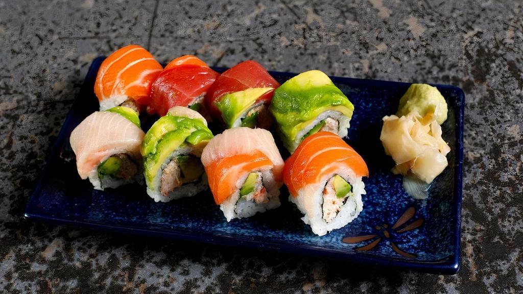 Rainbow Roll · California Roll topped with salmon, tuna, yellowtail and avocado.
